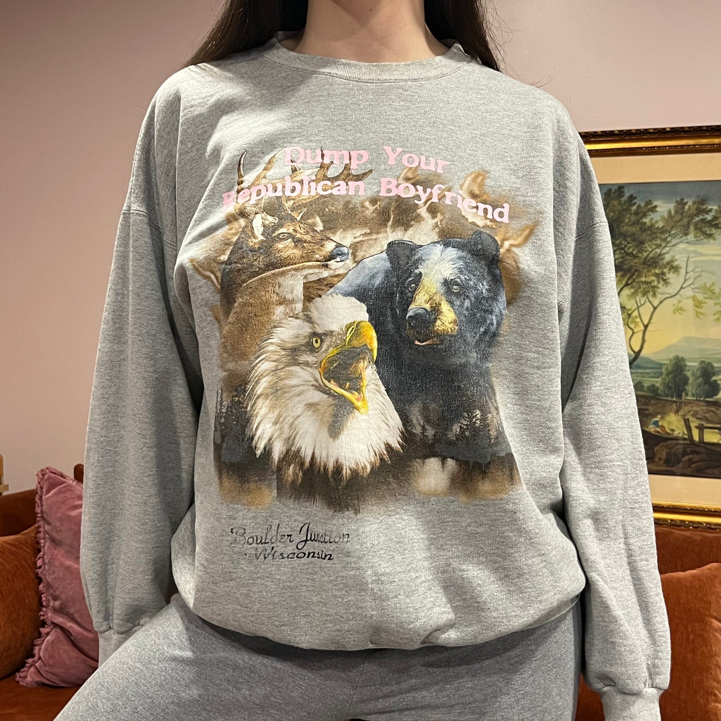 DUMP YOUR REPUBLICAN BOYFRIEND animal crewneck with pink text (XL)