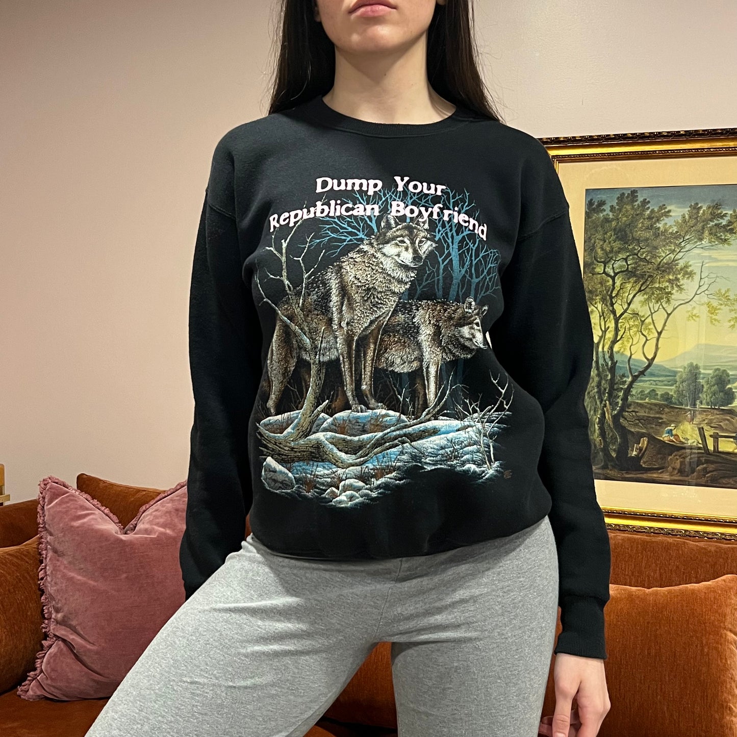 DUMP YOUR REPUBLICAN BOYFRIEND animal crewneck with pink text (M)