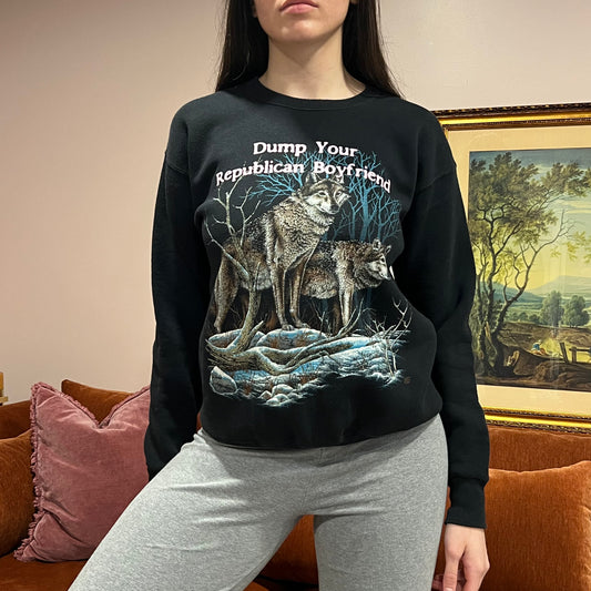 DUMP YOUR REPUBLICAN BOYFRIEND animal crewneck with pink text (M)