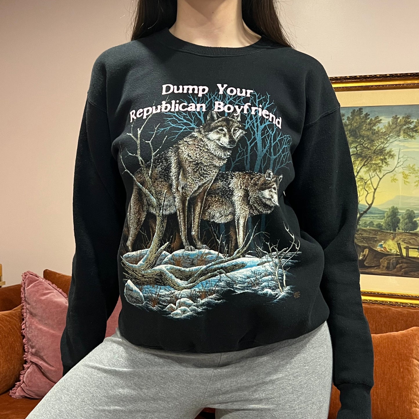 DUMP YOUR REPUBLICAN BOYFRIEND animal crewneck with pink text (M)