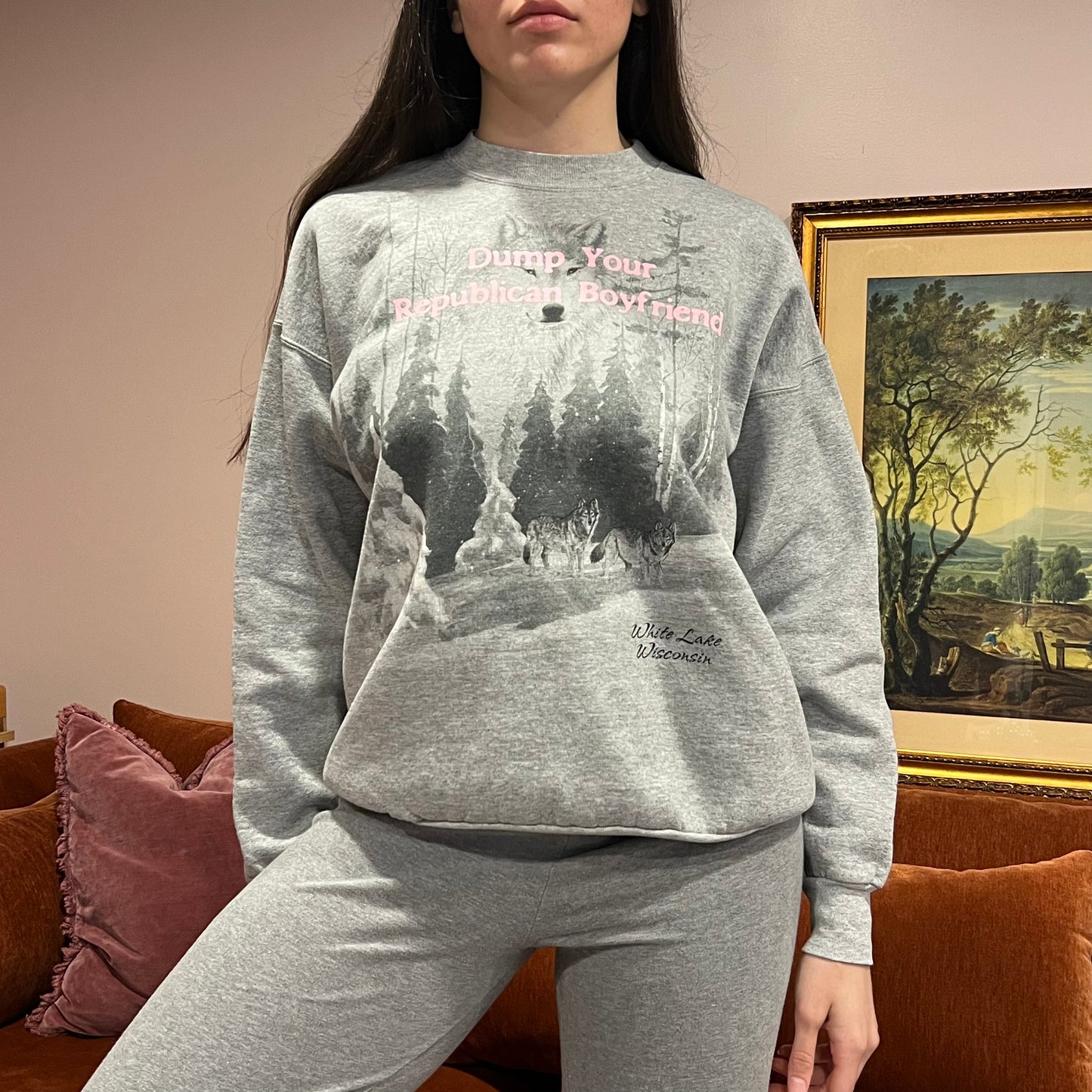 DUMP YOUR REPUBLICAN BOYFRIEND animal crewneck with pink text (L)