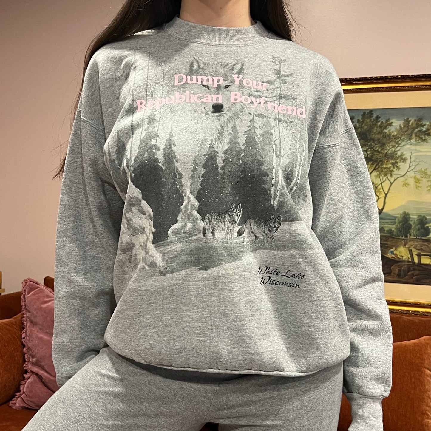DUMP YOUR REPUBLICAN BOYFRIEND animal crewneck with pink text (L)