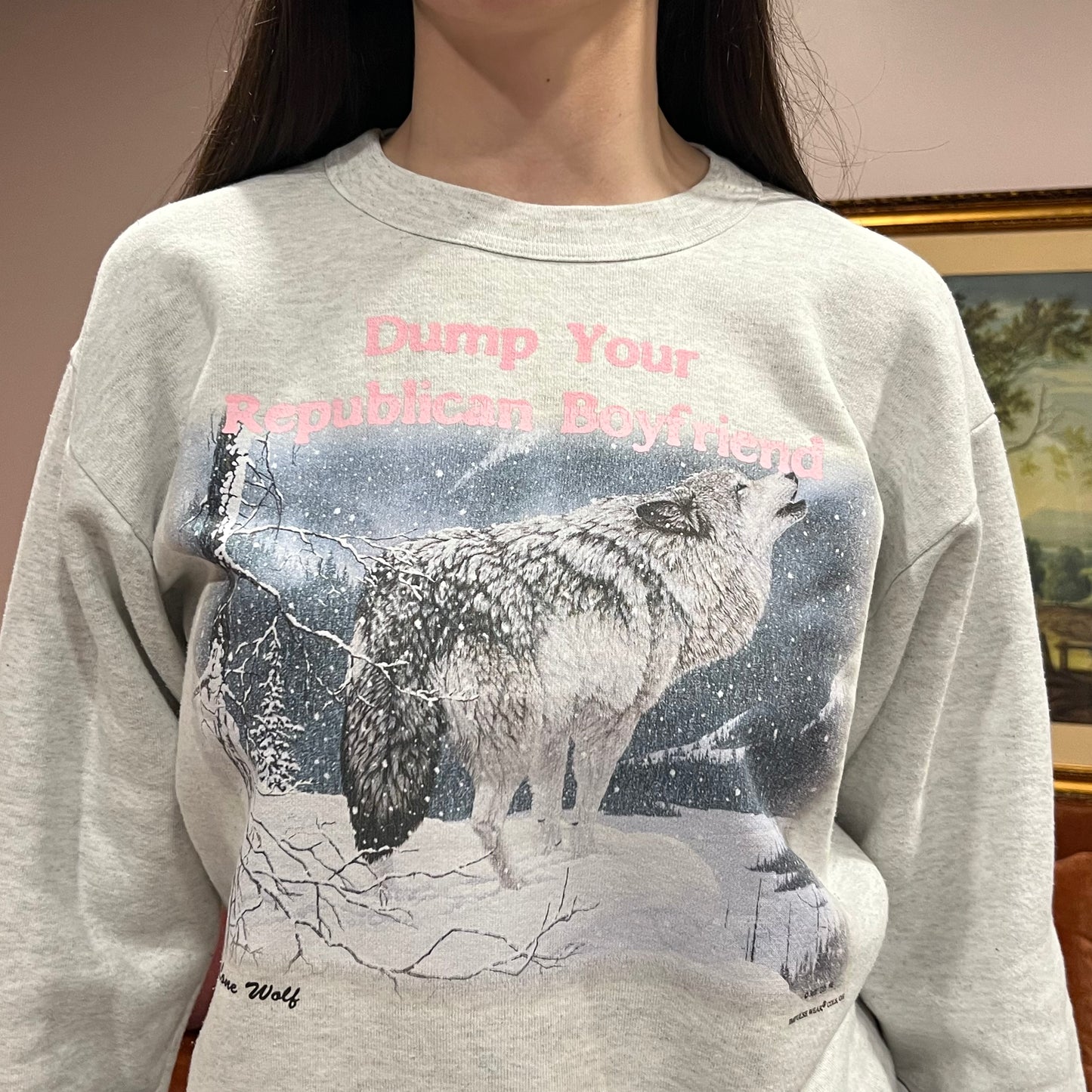 DUMP YOUR REPUBLICAN BOYFRIEND animal crewneck with pink text (L)