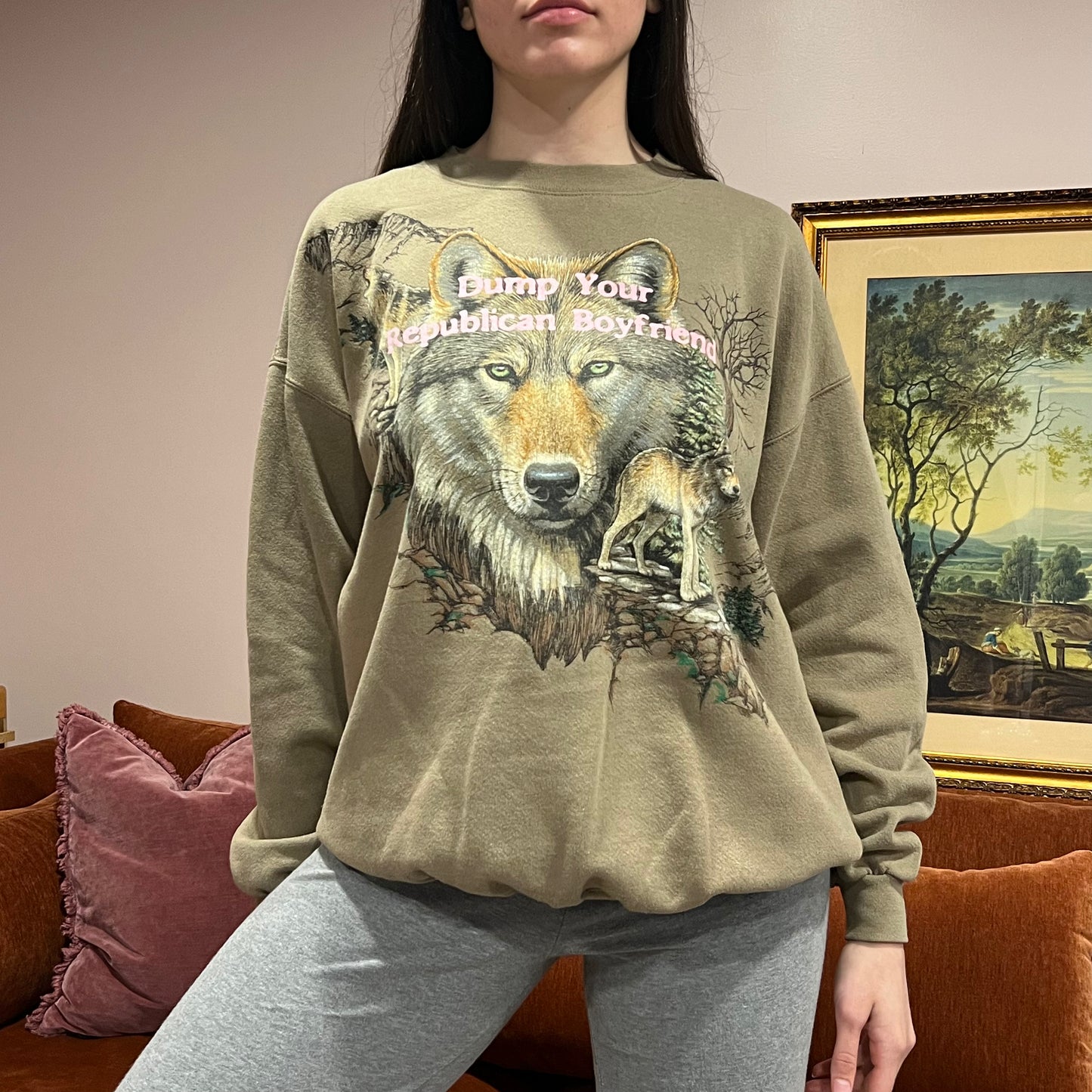 DUMP YOUR REPUBLICAN BOYFRIEND animal crewneck with pink text (XL)