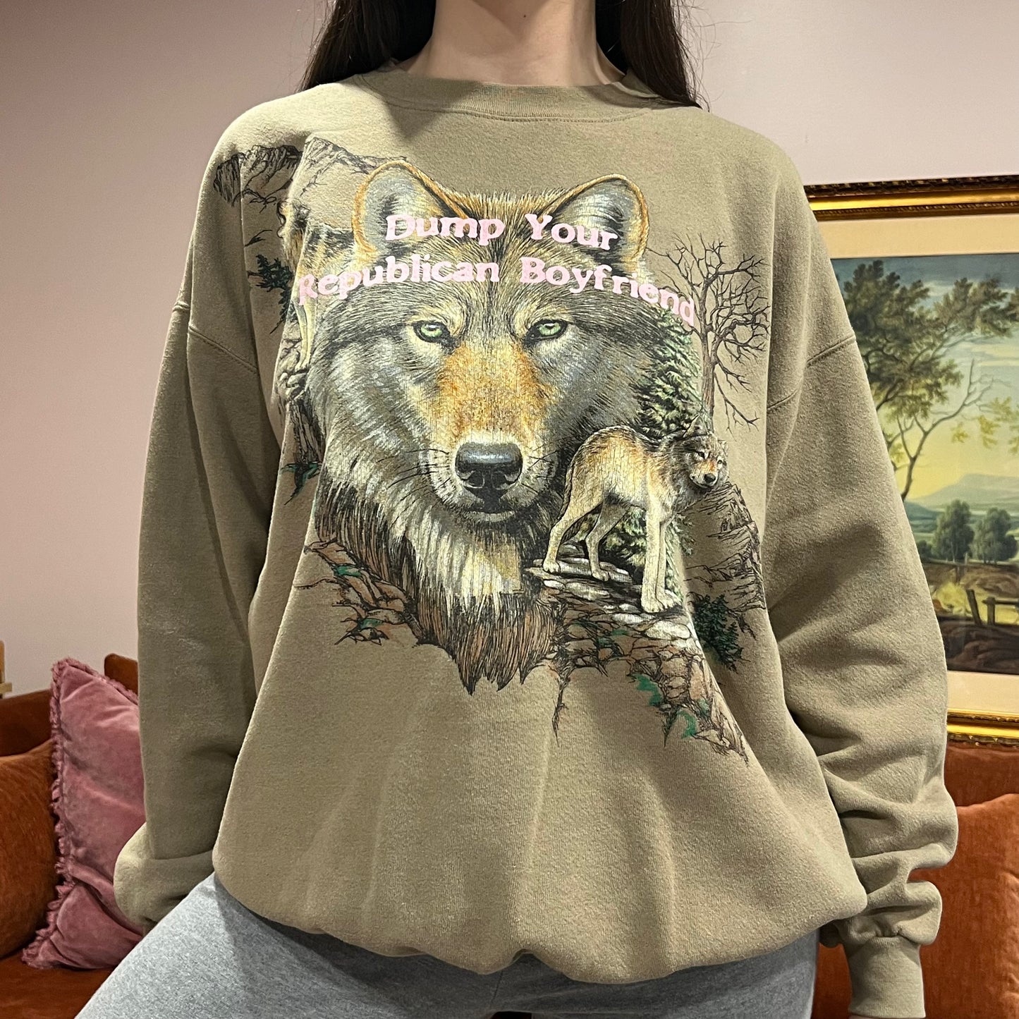 DUMP YOUR REPUBLICAN BOYFRIEND animal crewneck with pink text (XL)