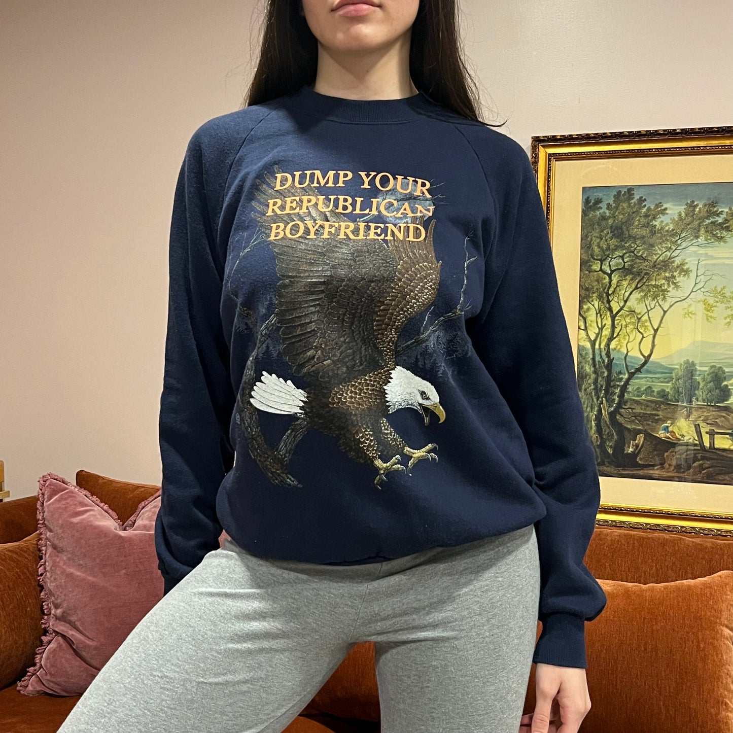 DUMP YOUR REPUBLICAN BOYFRIEND animal crewneck with orange text (L)