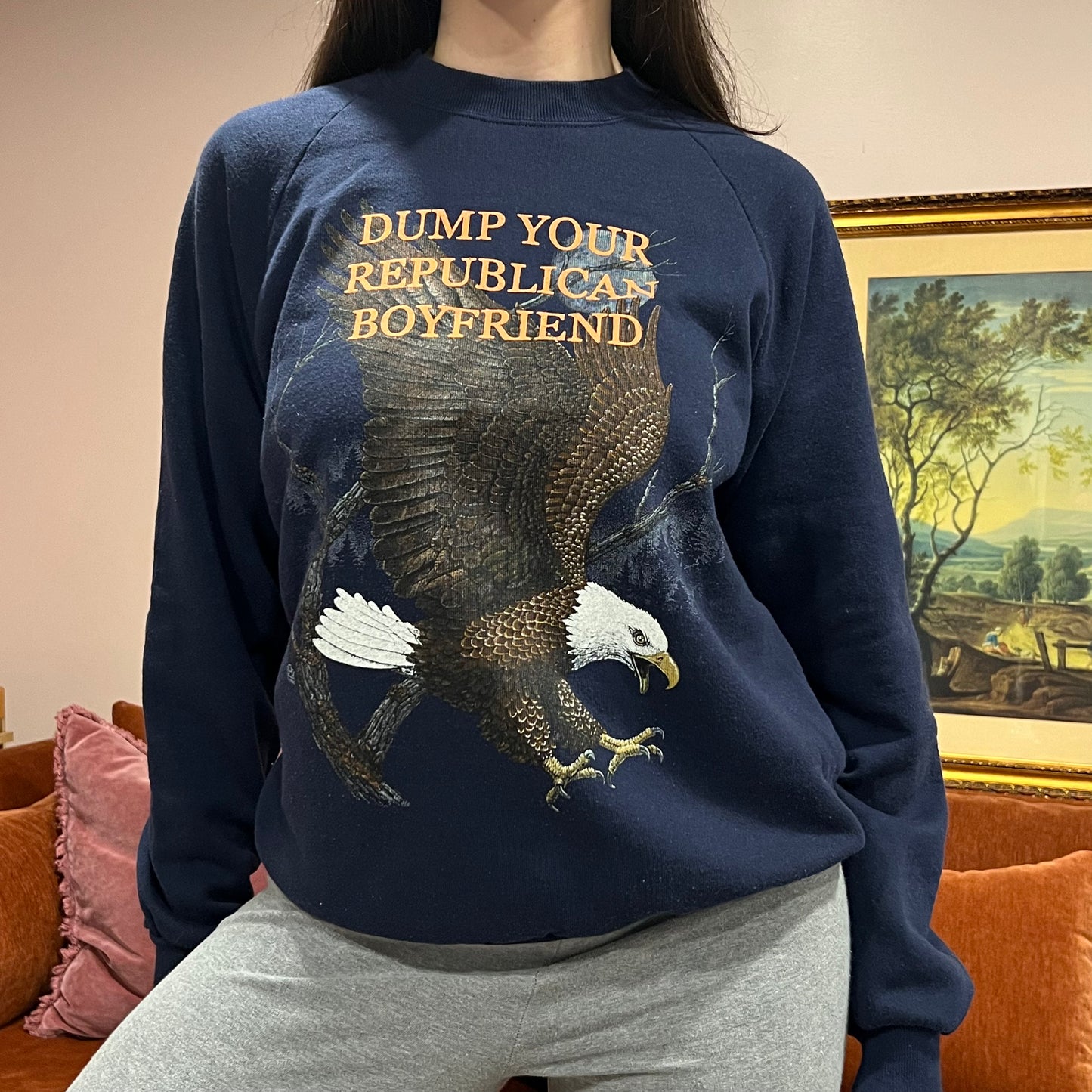 DUMP YOUR REPUBLICAN BOYFRIEND animal crewneck with orange text (L)