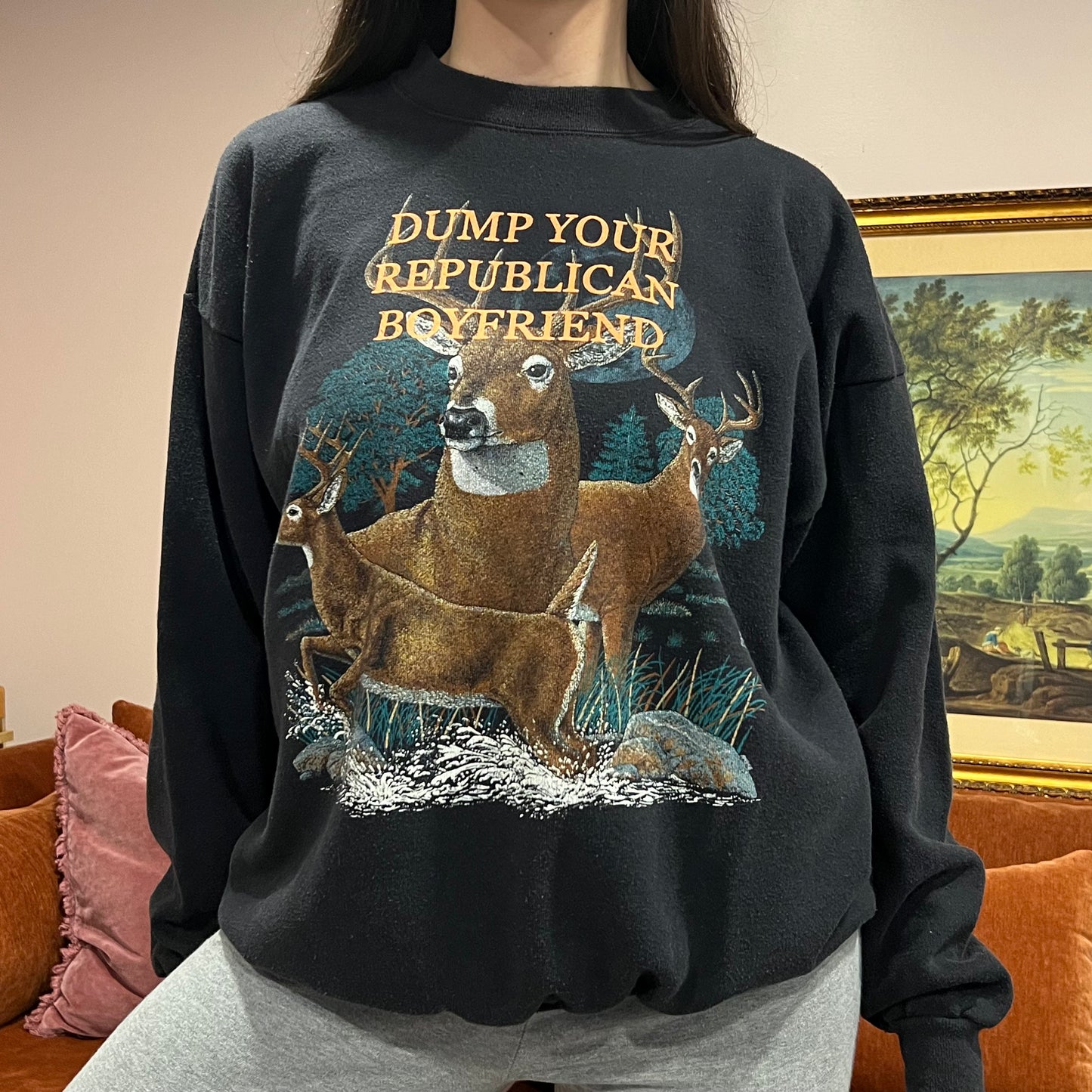 DUMP YOUR REPUBLICAN BOYFRIEND animal crewneck with orange text (XL)