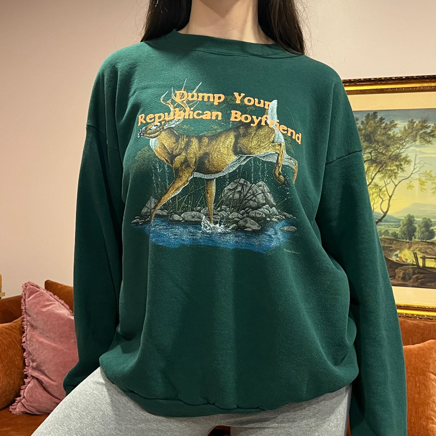 DUMP YOUR REPUBLICAN BOYFRIEND animal crewneck with orange text (XL)