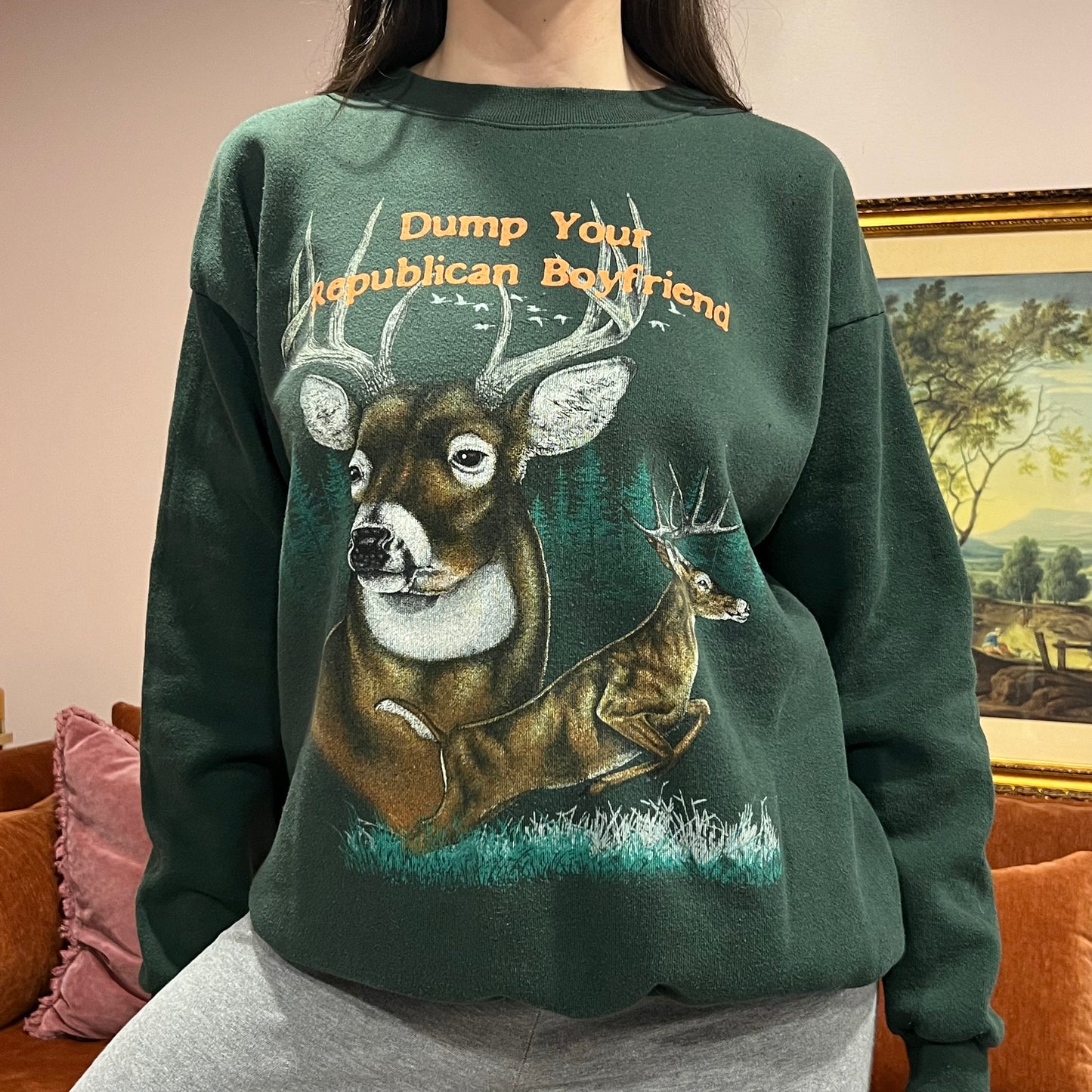 DUMP YOUR REPUBLICAN BOYFRIEND animal crewneck with orange text (XL)