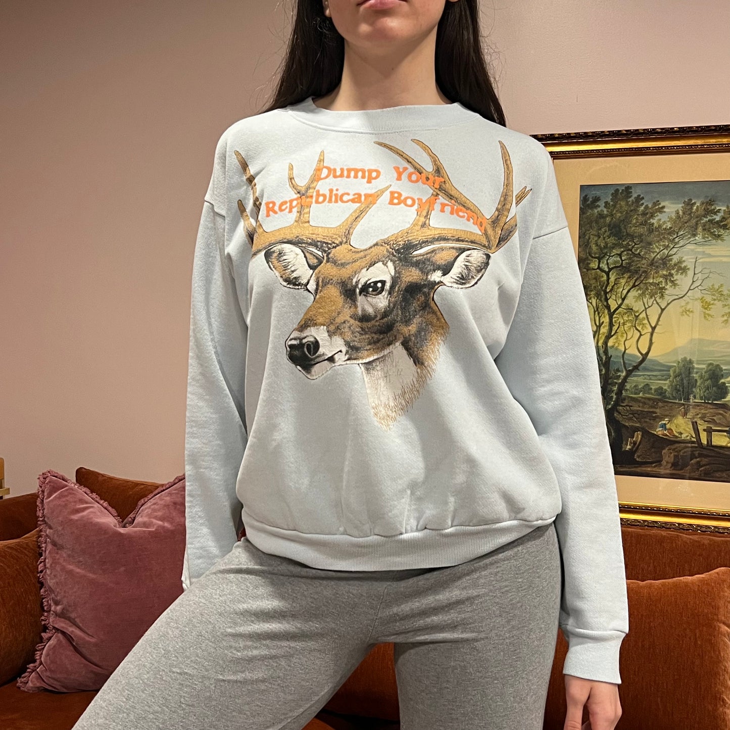 DUMP YOUR REPUBLICAN BOYFRIEND animal crewneck with orange text (L)
