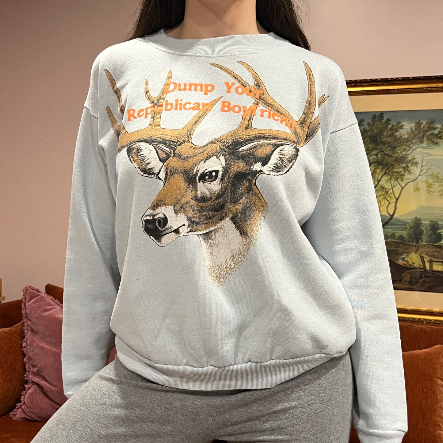 DUMP YOUR REPUBLICAN BOYFRIEND animal crewneck with orange text (L)