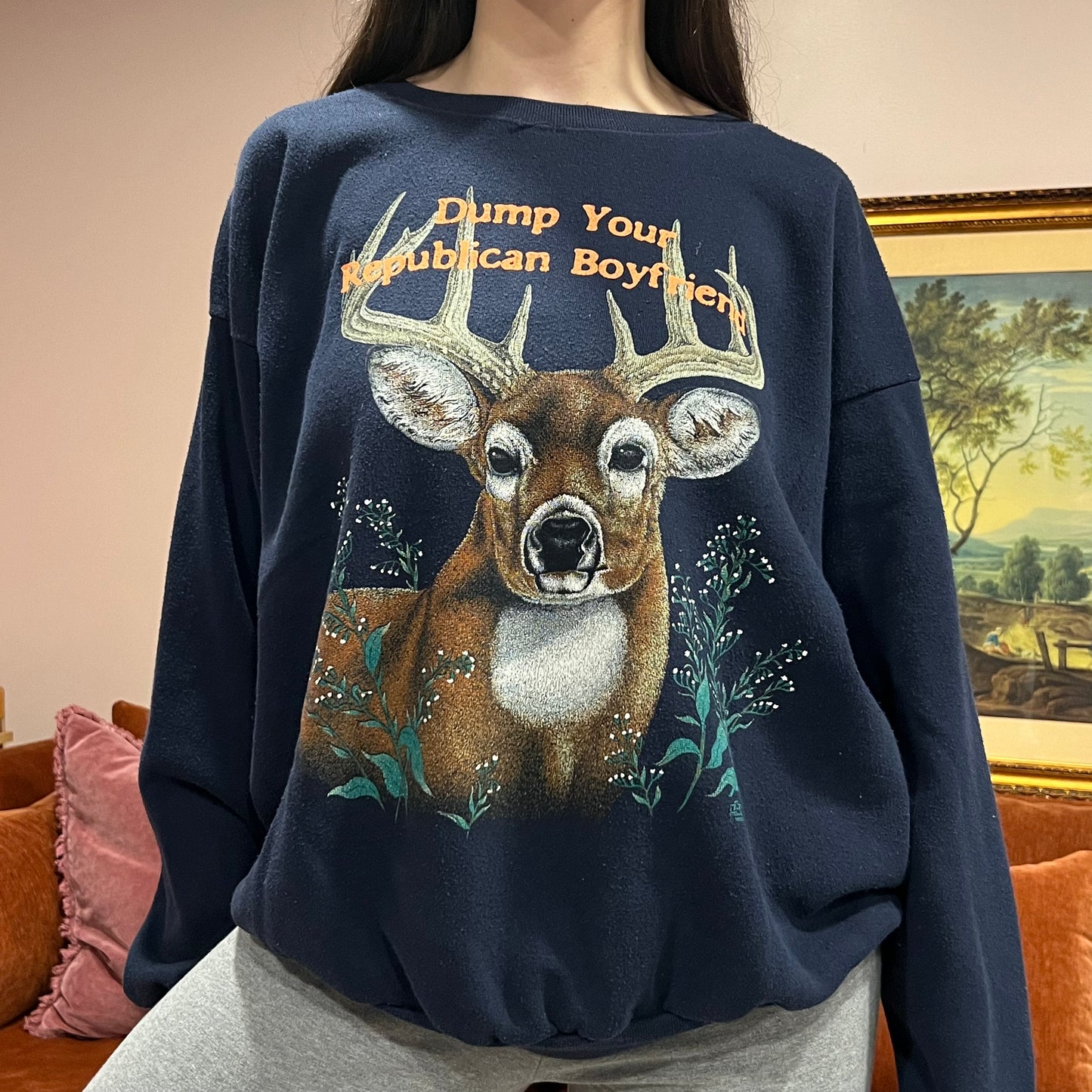 DUMP YOUR REPUBLICAN BOYFRIEND animal crewneck with orange text (XL)