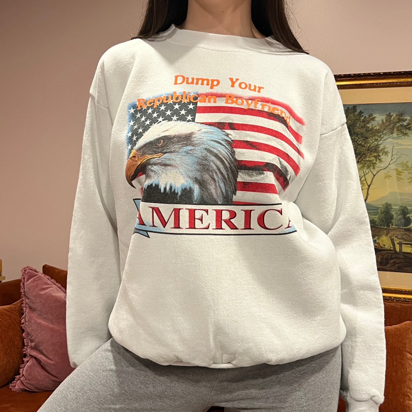 DUMP YOUR REPUBLICAN BOYFRIEND animal crewneck with orange text (XL)