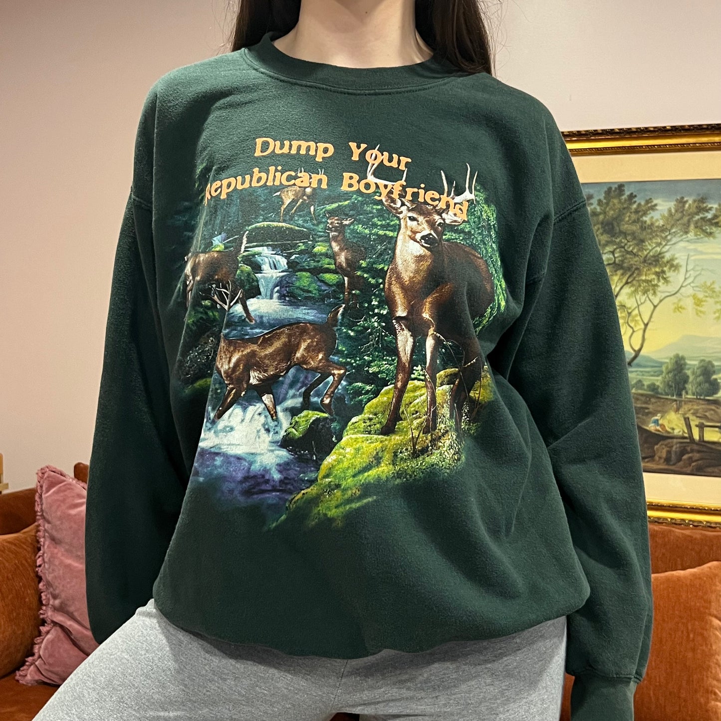 DUMP YOUR REPUBLICAN BOYFRIEND animal crewneck with orange text (L)