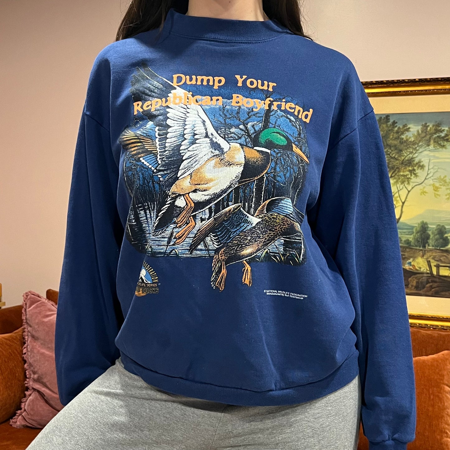 DUMP YOUR REPUBLICAN BOYFRIEND animal crewneck with orange text (M)