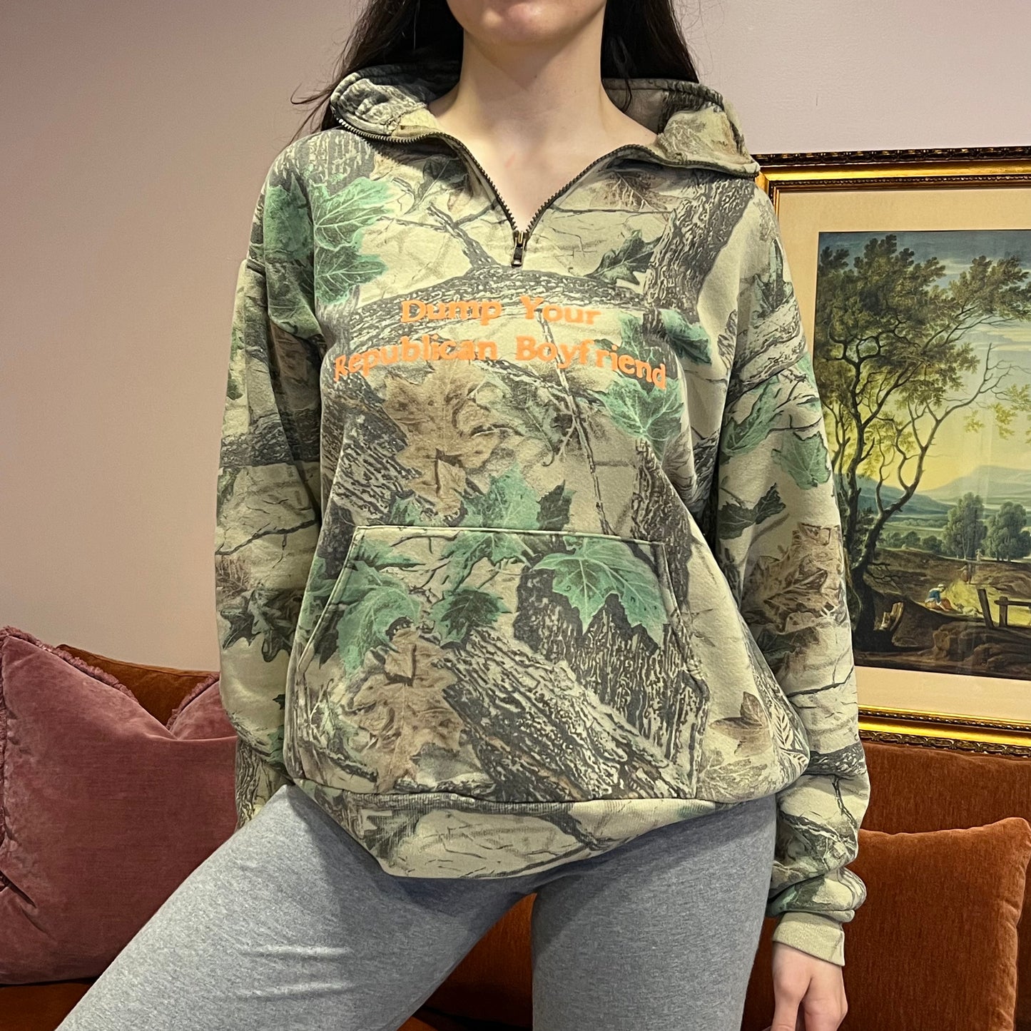 DUMP YOUR REPUBLICAN BOYFRIEND camo zip-up with orange text (L)