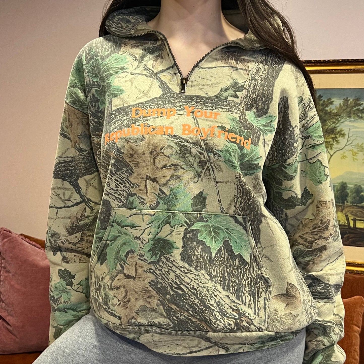 DUMP YOUR REPUBLICAN BOYFRIEND camo zip-up with orange text (L)