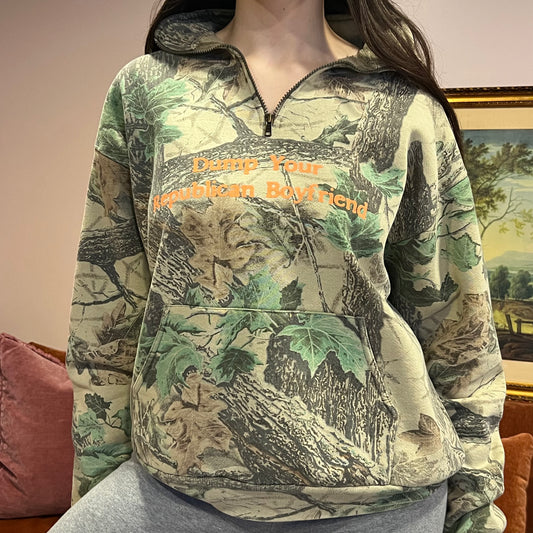 DUMP YOUR REPUBLICAN BOYFRIEND camo zip-up with orange text (L)