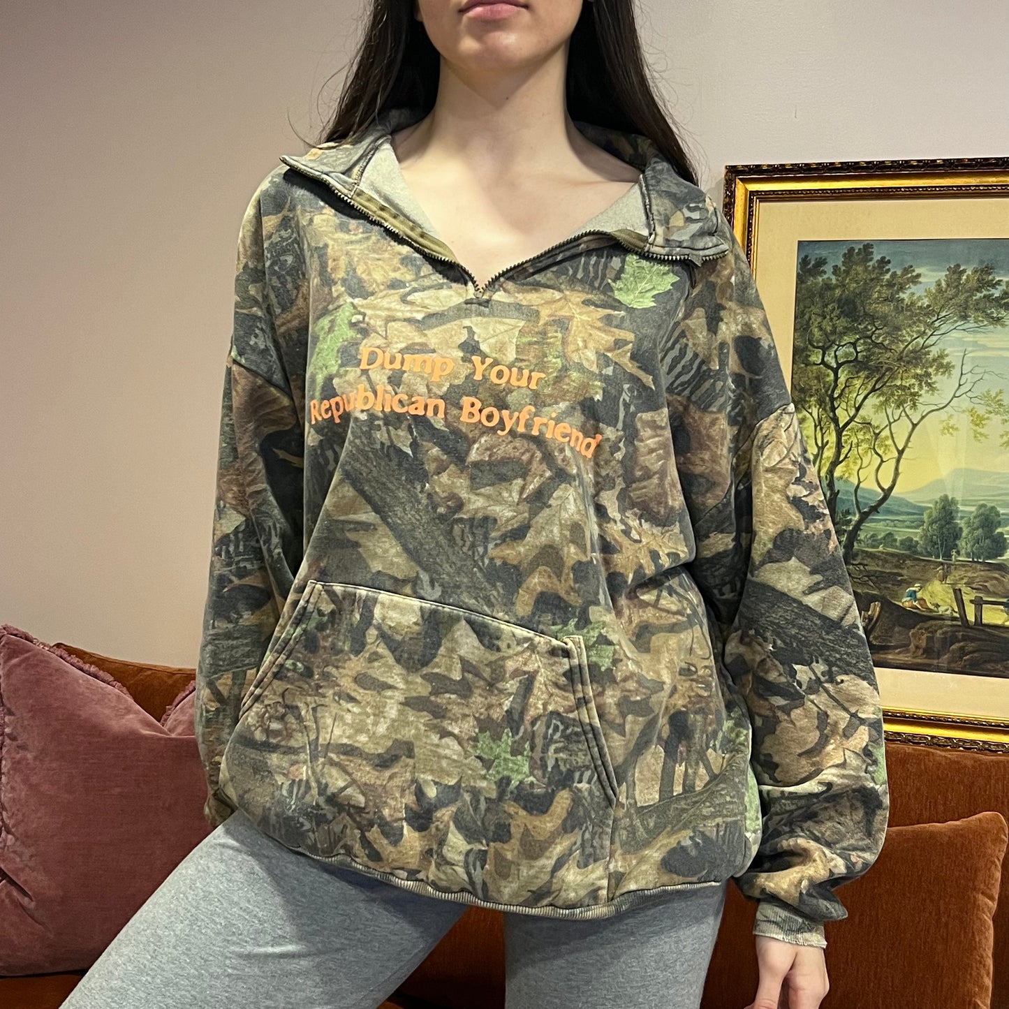 DUMP YOUR REPUBLICAN BOYFRIEND camo zip-up with orange text (2XL)