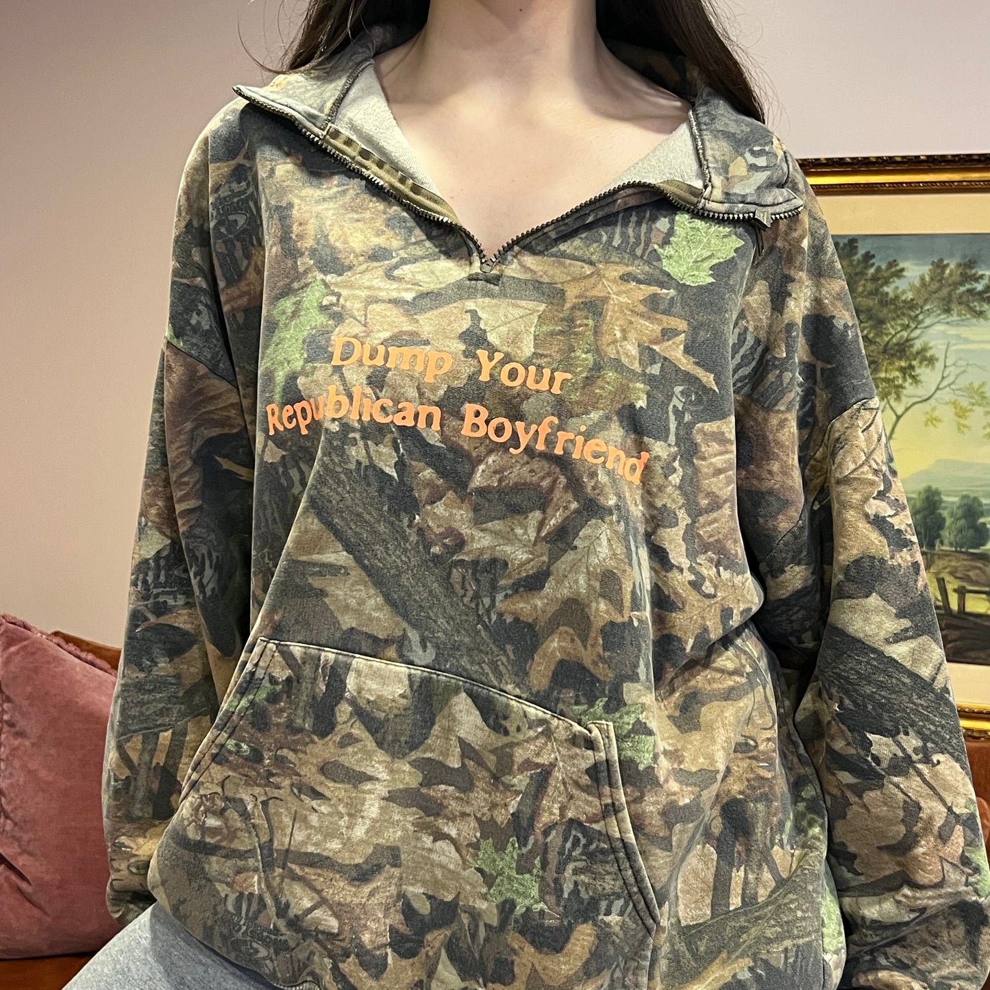 DUMP YOUR REPUBLICAN BOYFRIEND camo zip-up with orange text (2XL)