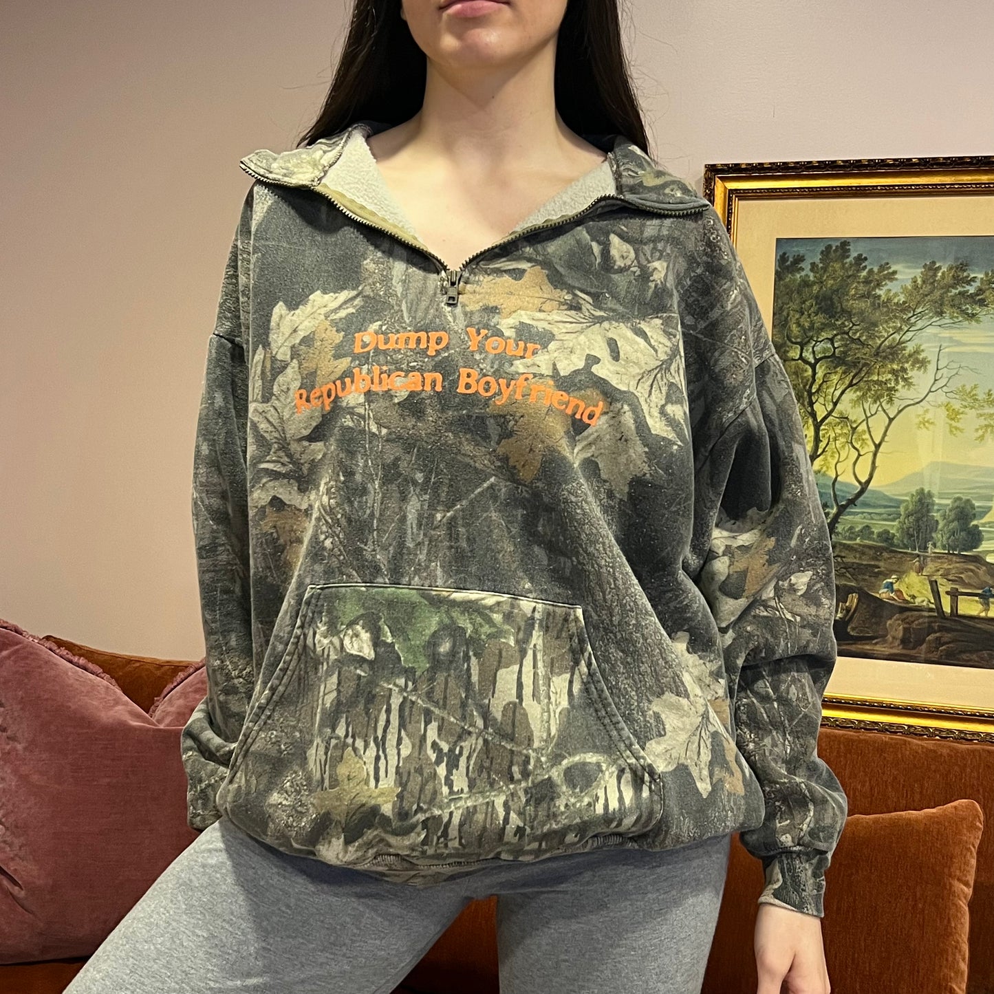 DUMP YOUR REPUBLICAN BOYFRIEND camo zip-up with orange text (2XL)
