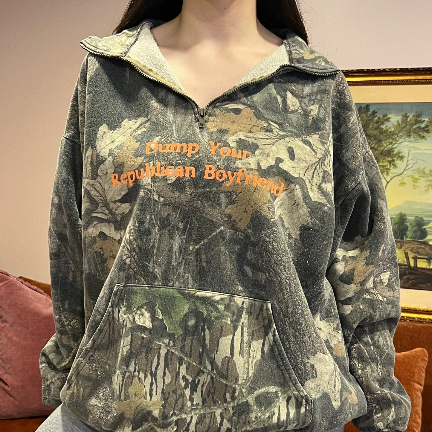 DUMP YOUR REPUBLICAN BOYFRIEND camo zip-up with orange text (2XL)