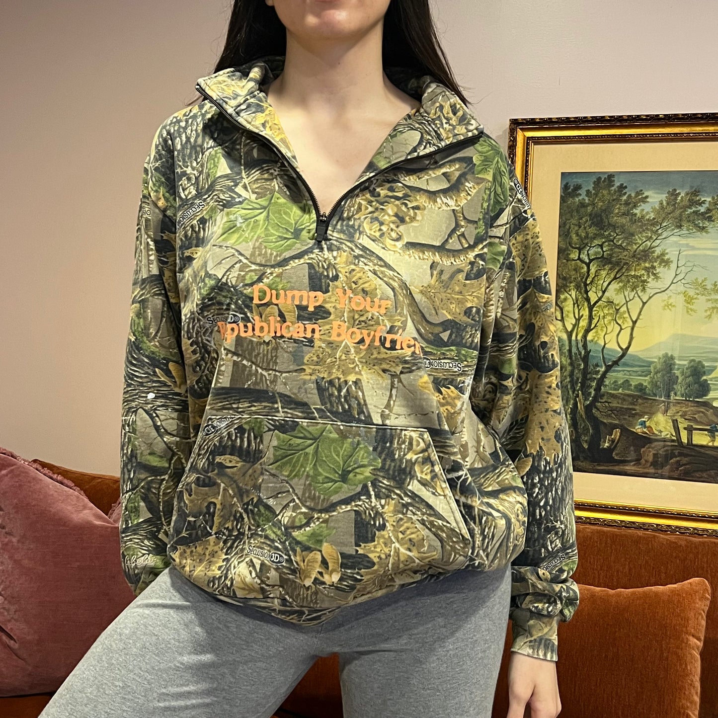 DUMP YOUR REPUBLICAN BOYFRIEND camo zip-up with orange text (XL)