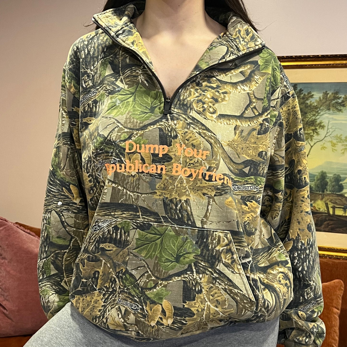 DUMP YOUR REPUBLICAN BOYFRIEND camo zip-up with orange text (XL)