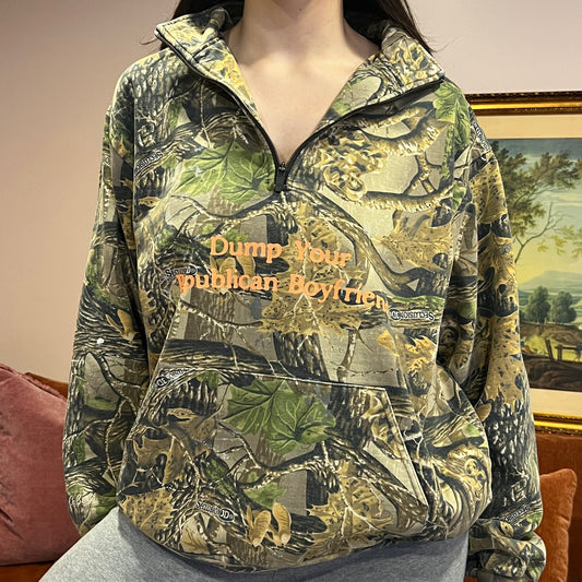 DUMP YOUR REPUBLICAN BOYFRIEND camo zip-up with orange text (XL)