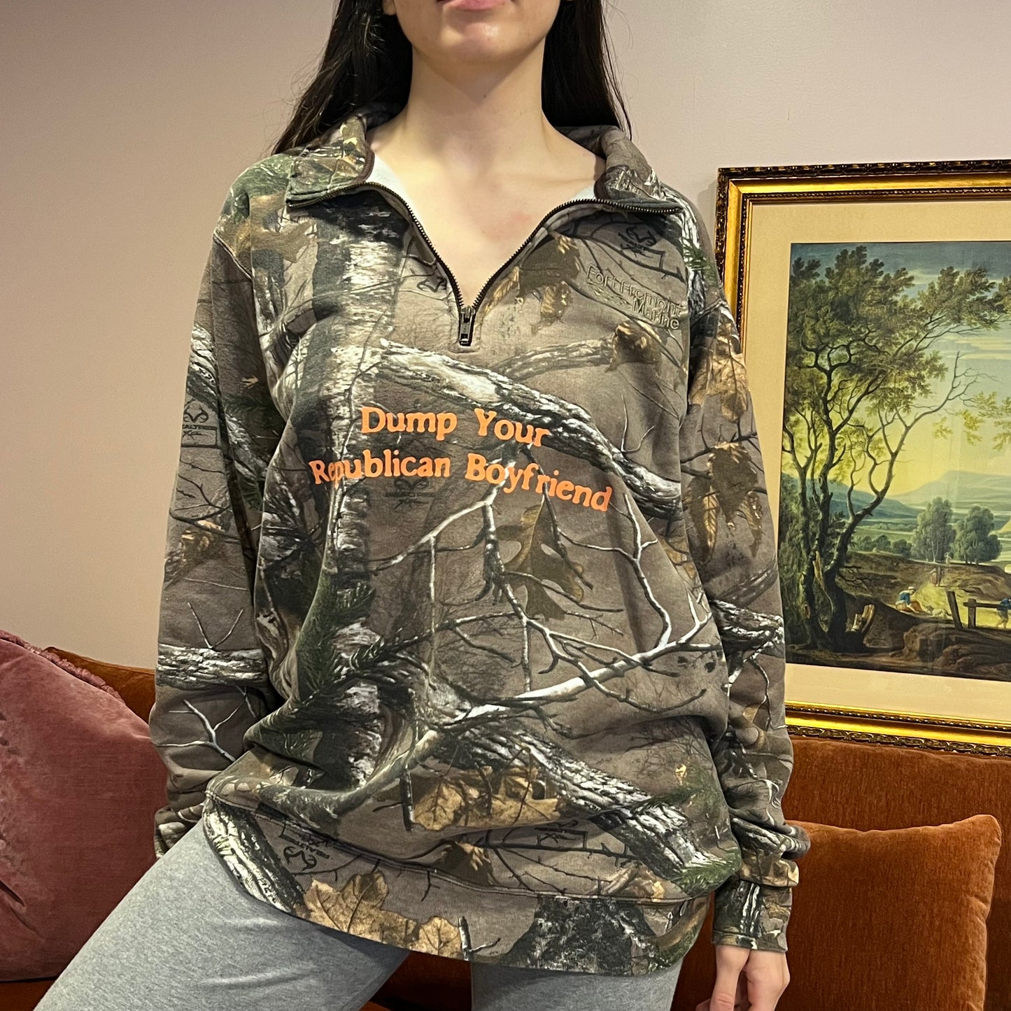 DUMP YOUR REPUBLICAN BOYFRIEND camo zip-up with orange text (XL)