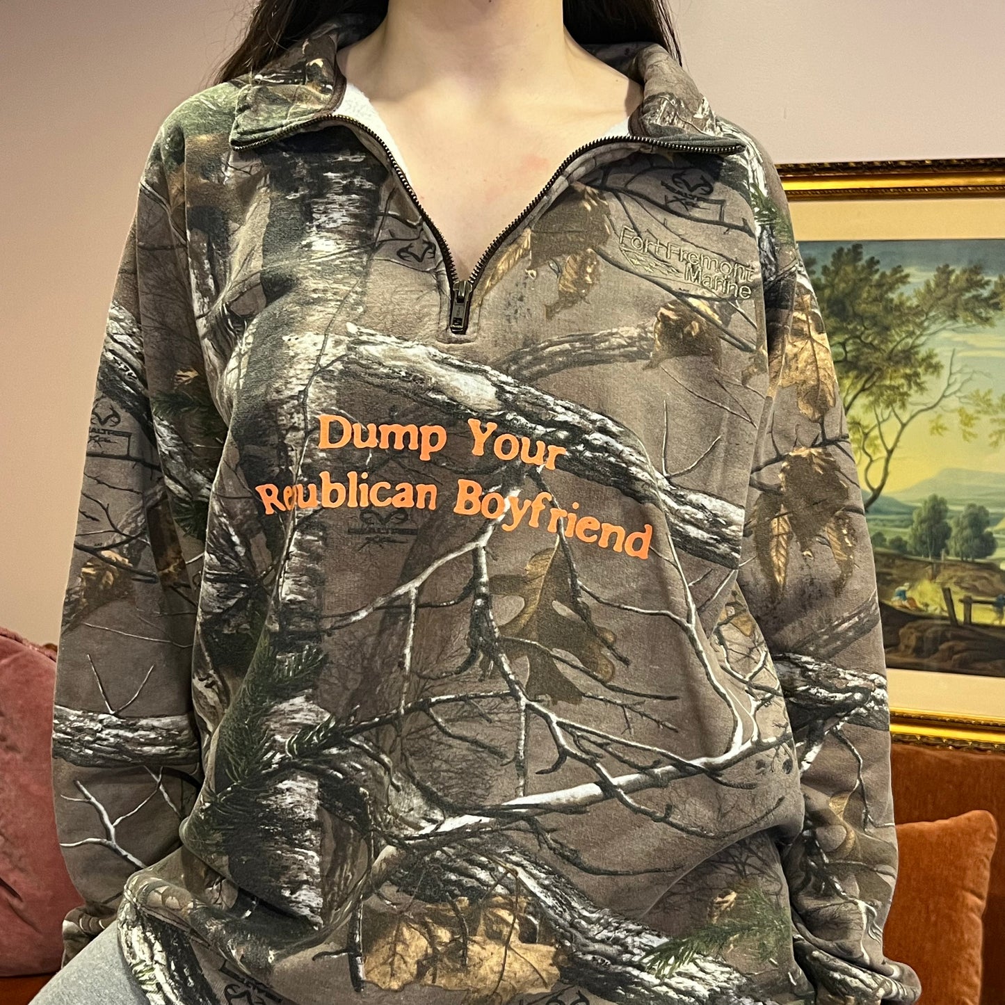 DUMP YOUR REPUBLICAN BOYFRIEND camo zip-up with orange text (XL)