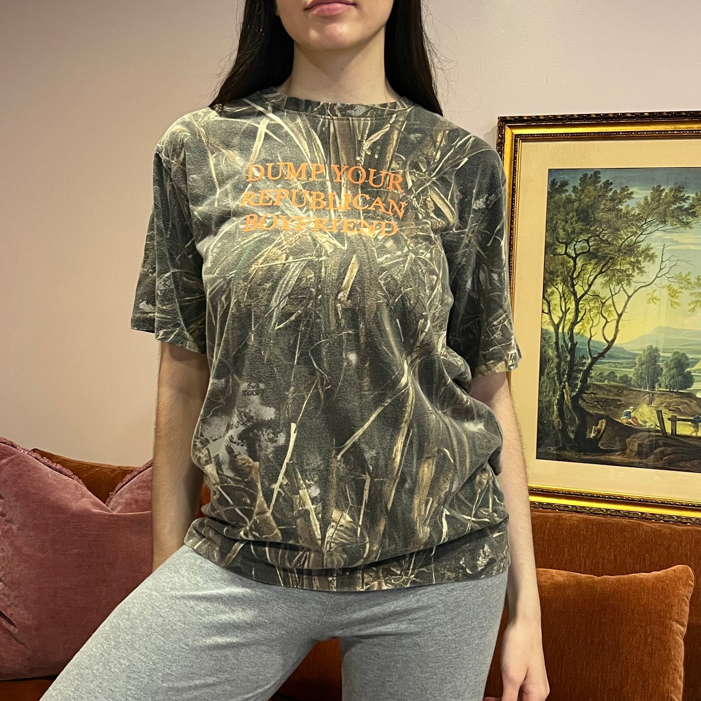 DUMP YOUR REPUBLICAN BOYFRIEND camo t-shirt with orange text (M)