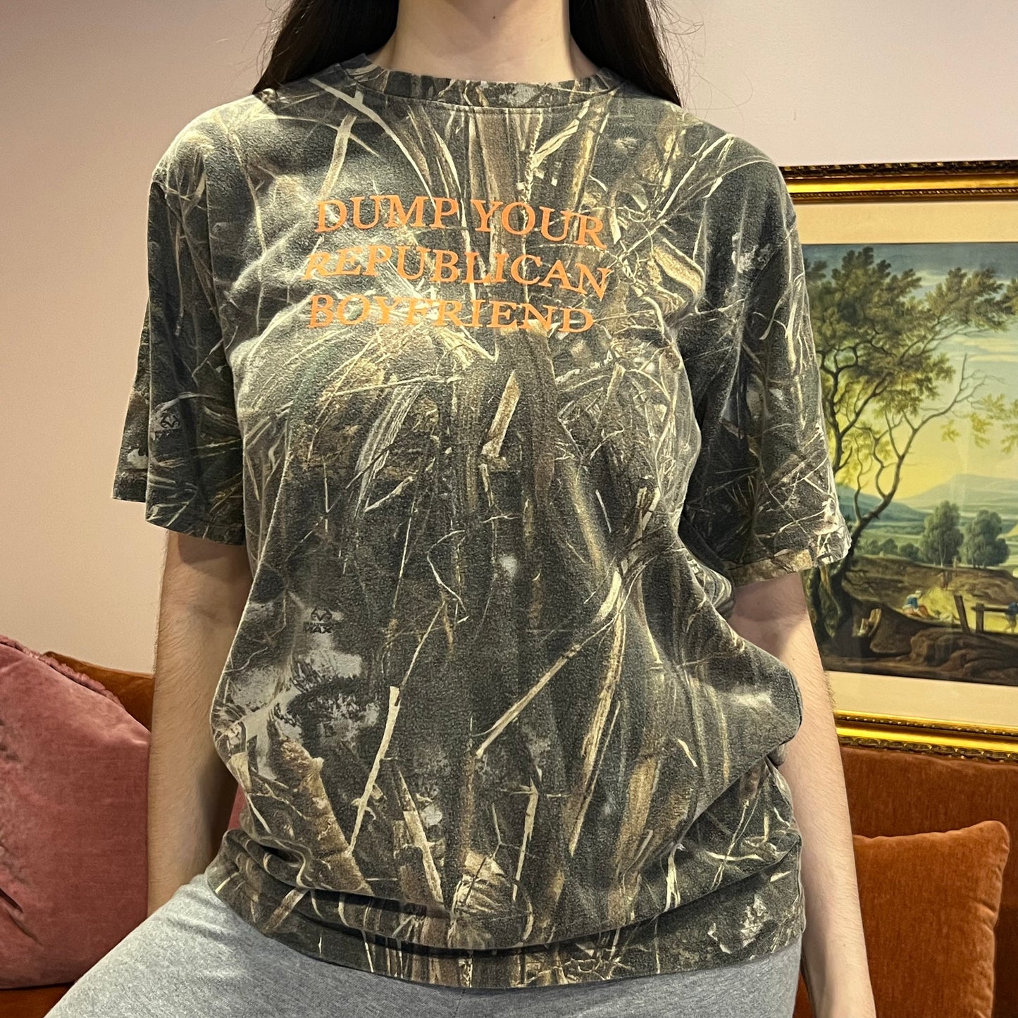 DUMP YOUR REPUBLICAN BOYFRIEND camo t-shirt with orange text (M)