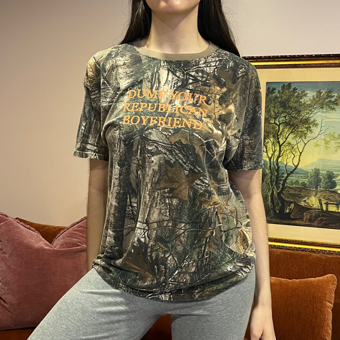 DUMP YOUR REPUBLICAN BOYFRIEND camo t-shirt with orange text (L)