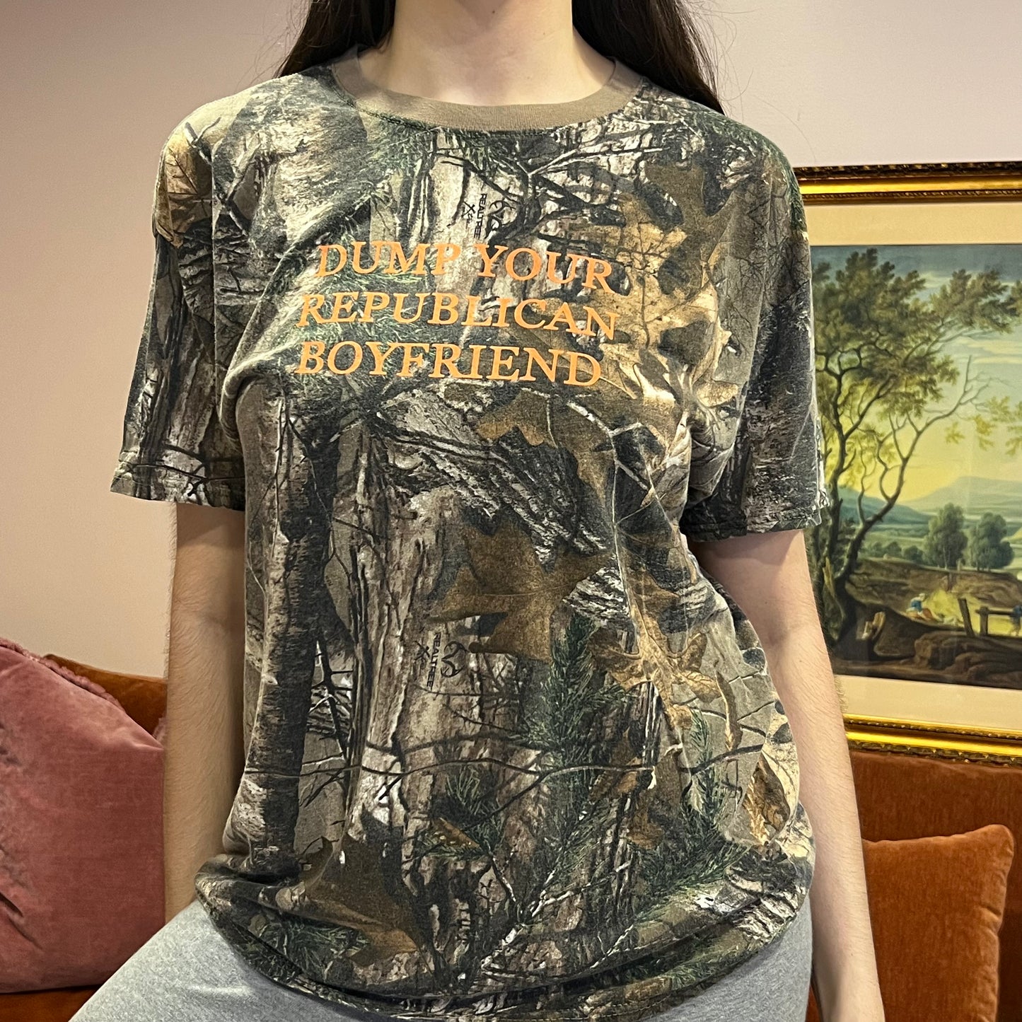 DUMP YOUR REPUBLICAN BOYFRIEND camo t-shirt with orange text (L)
