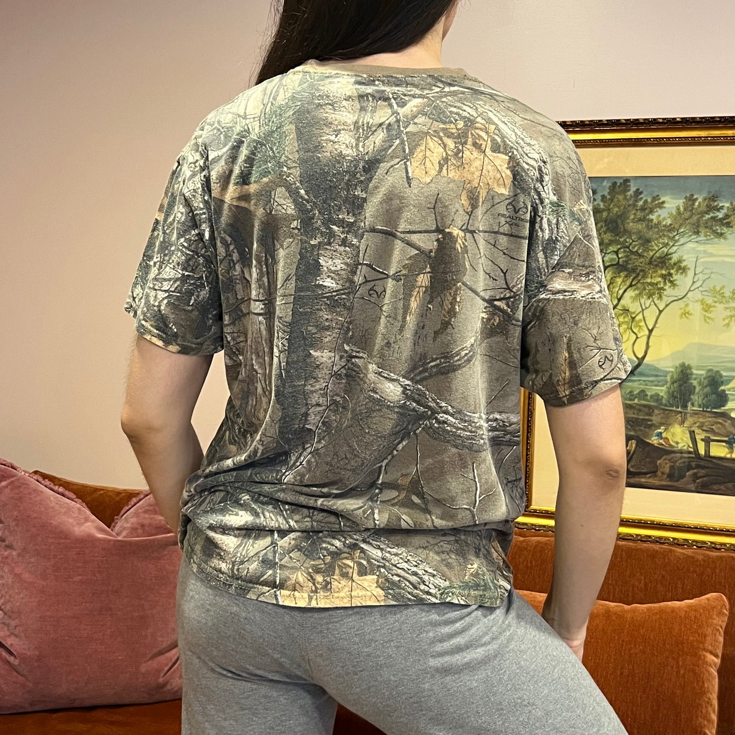 DUMP YOUR REPUBLICAN BOYFRIEND camo t-shirt with orange text (L)
