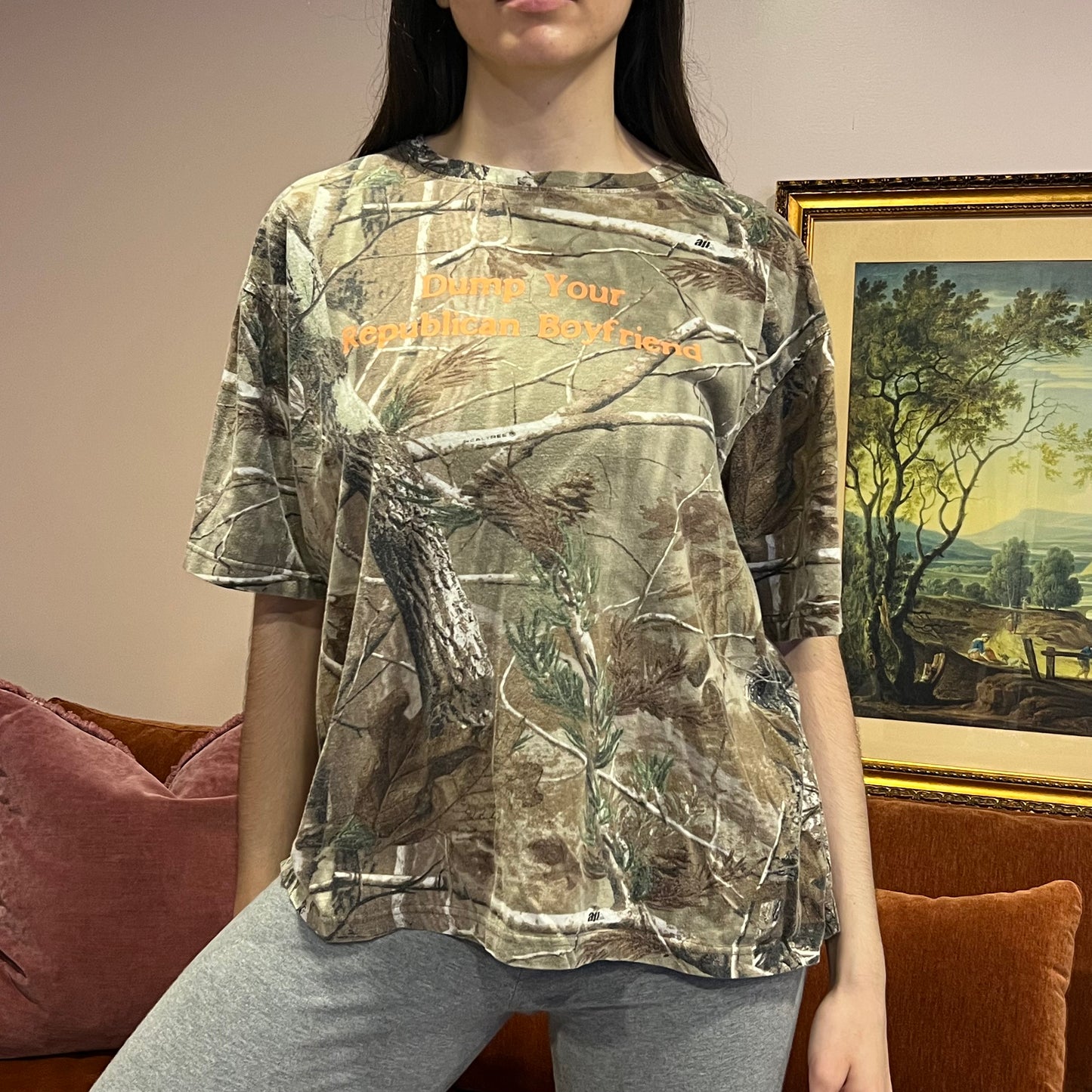 DUMP YOUR REPUBLICAN BOYFRIEND camo t-shirt with orange text (L)