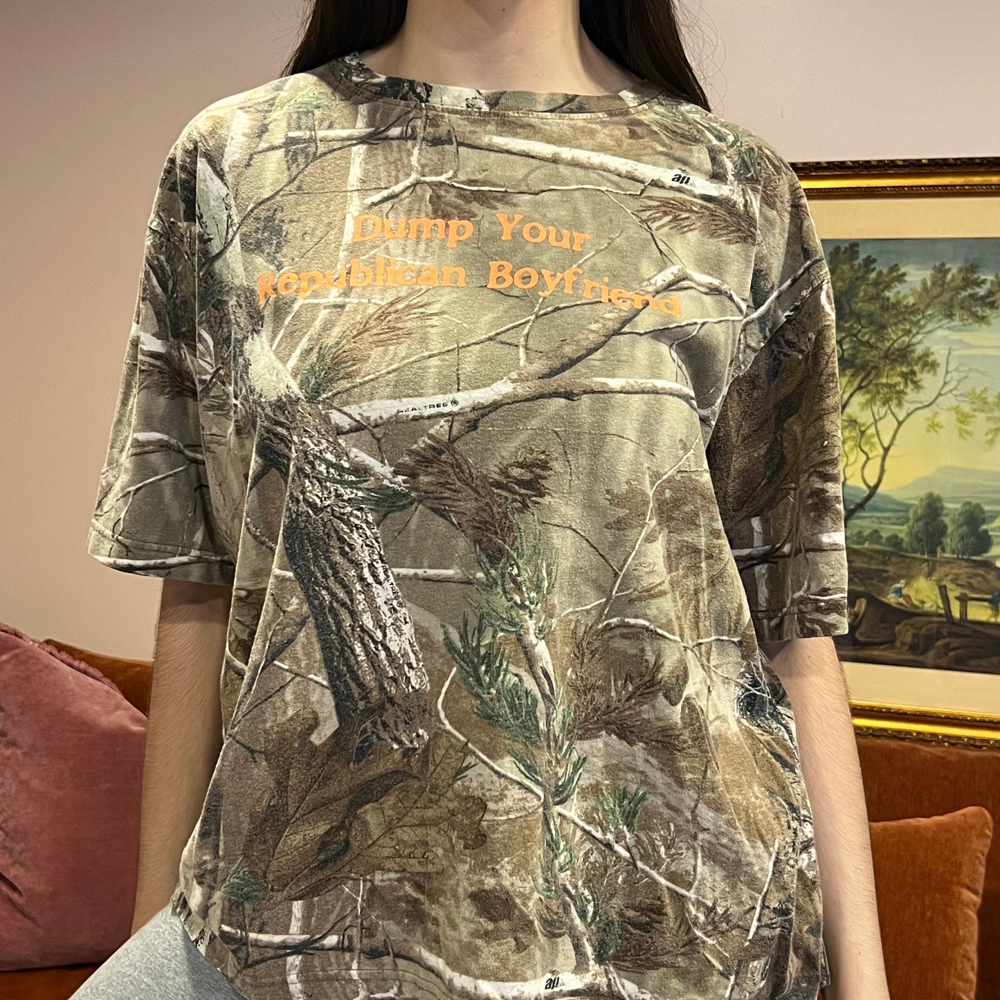DUMP YOUR REPUBLICAN BOYFRIEND camo t-shirt with orange text (L)