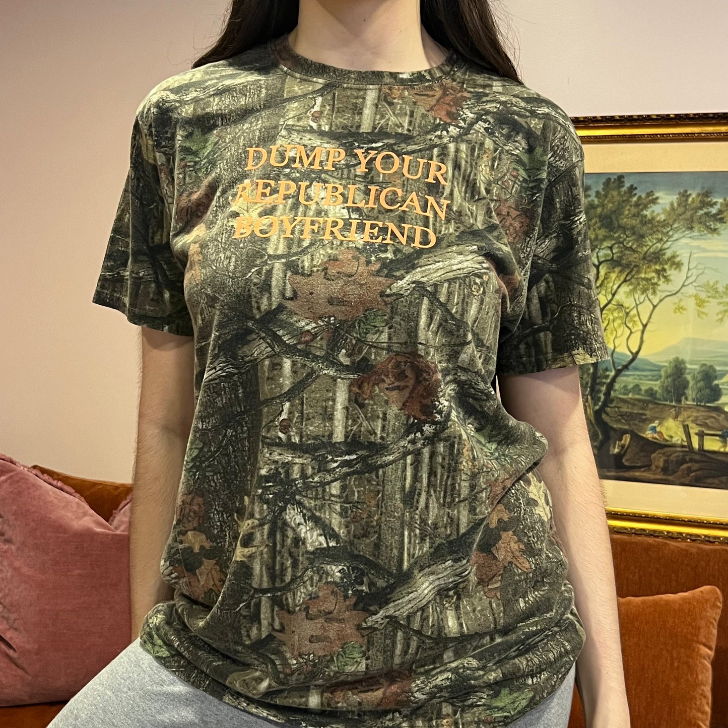 DUMP YOUR REPUBLICAN BOYFRIEND camo t-shirt with orange text (L)