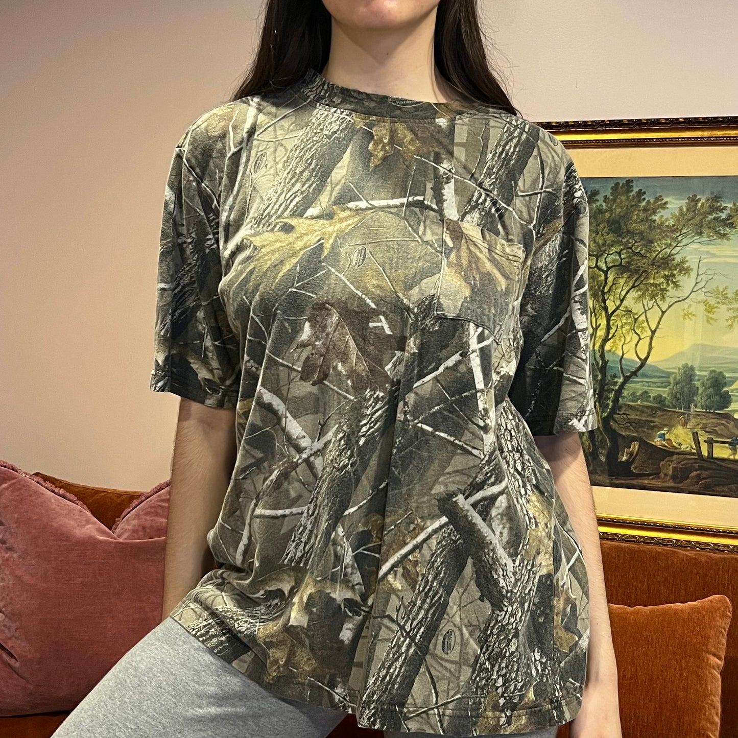 DUMP YOUR REPUBLICAN BOYFRIEND camo t-shirt with orange text (L)
