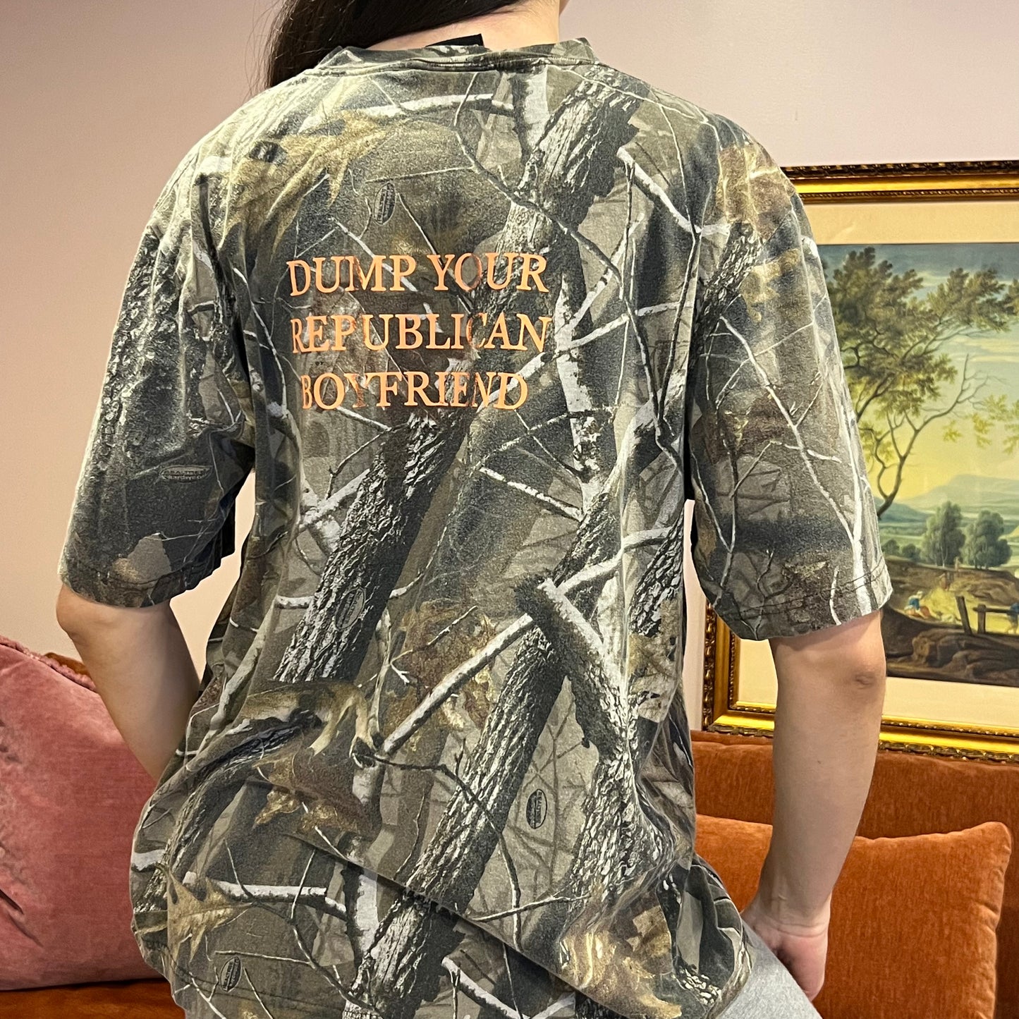 DUMP YOUR REPUBLICAN BOYFRIEND camo t-shirt with orange text (L)