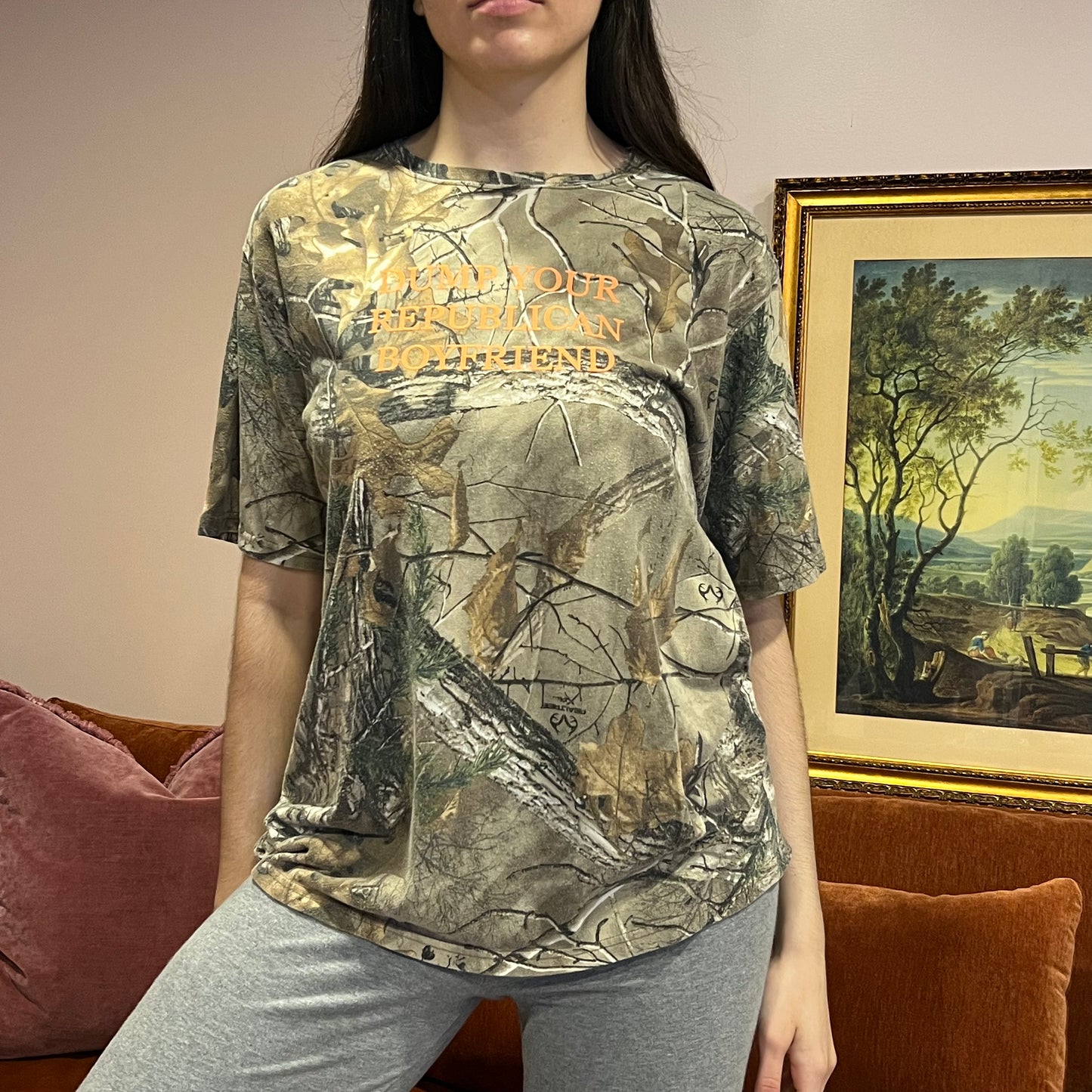 DUMP YOUR REPUBLICAN BOYFRIEND camo t-shirt with orange text (L)