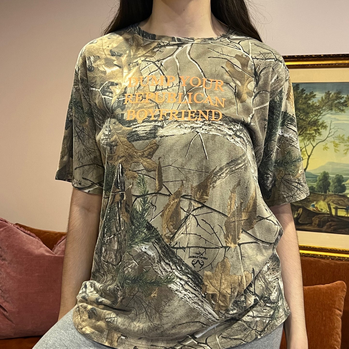 DUMP YOUR REPUBLICAN BOYFRIEND camo t-shirt with orange text (L)
