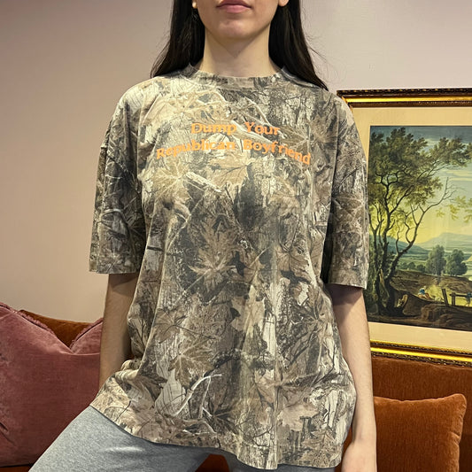 DUMP YOUR REPUBLICAN BOYFRIEND camo t-shirt with orange text (XL)