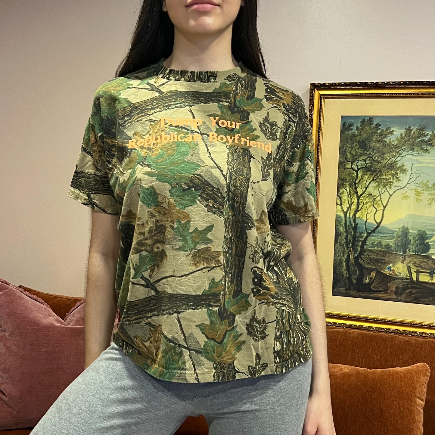 DUMP YOUR REPUBLICAN BOYFRIEND camo t-shirt with orange text (M)