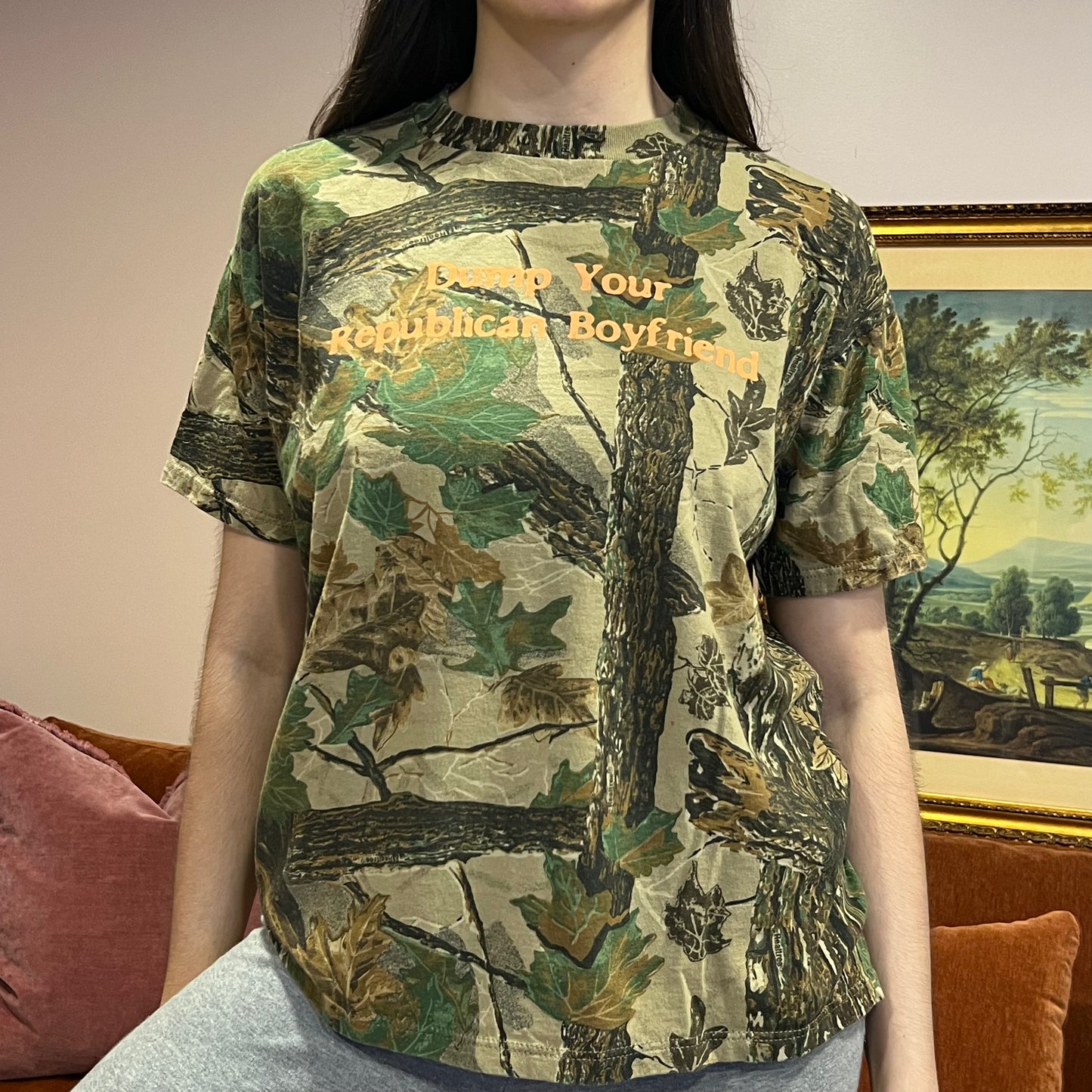 DUMP YOUR REPUBLICAN BOYFRIEND camo t-shirt with orange text (M)