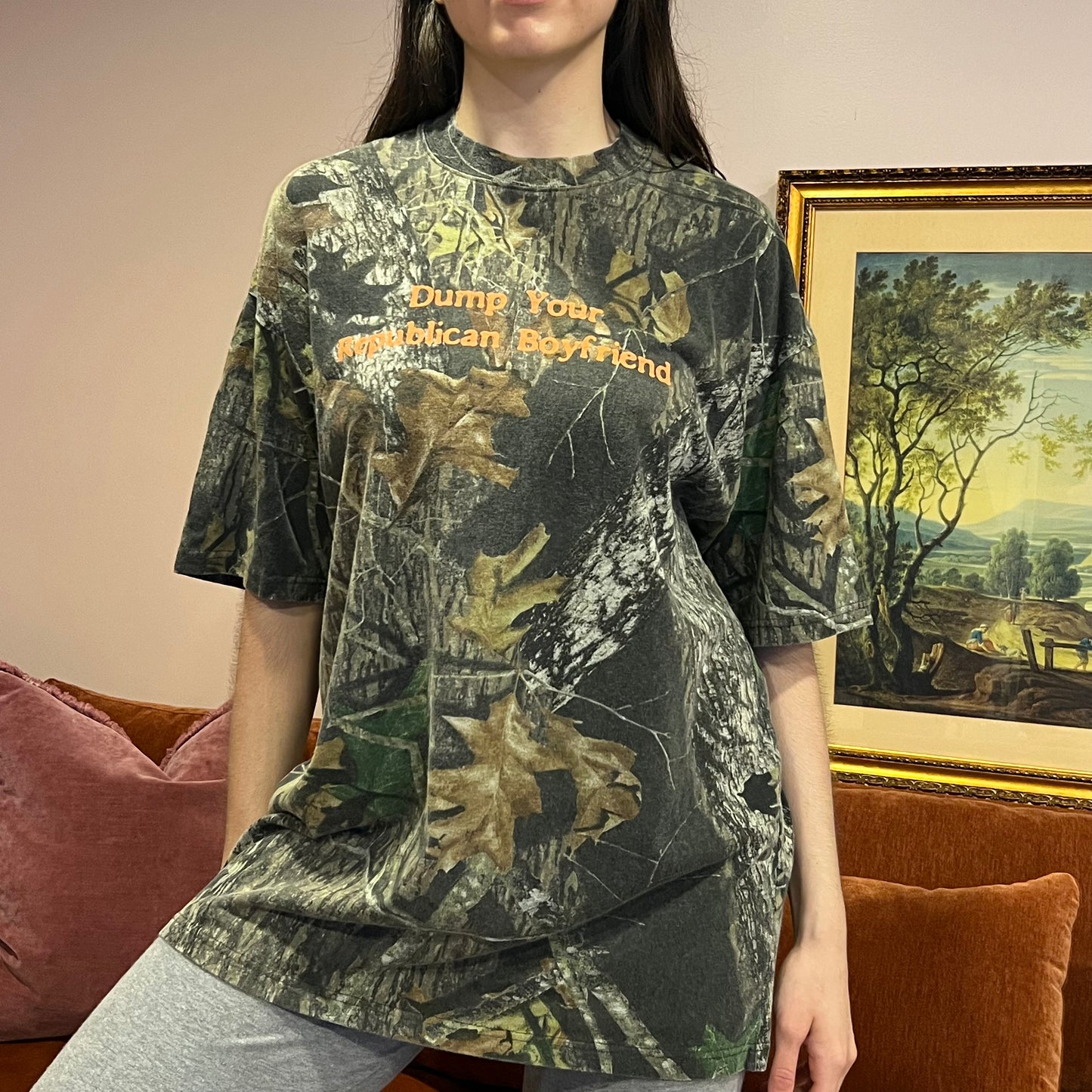 DUMP YOUR REPUBLICAN BOYFRIEND camo t-shirt with orange text (L)