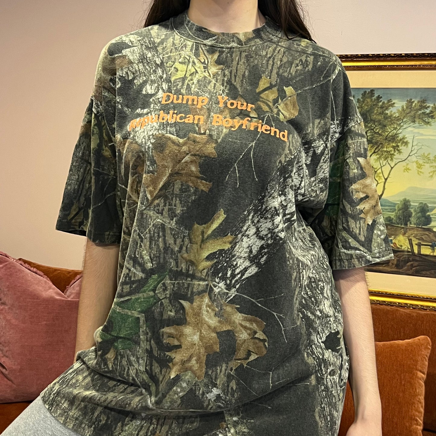 DUMP YOUR REPUBLICAN BOYFRIEND camo t-shirt with orange text (L)