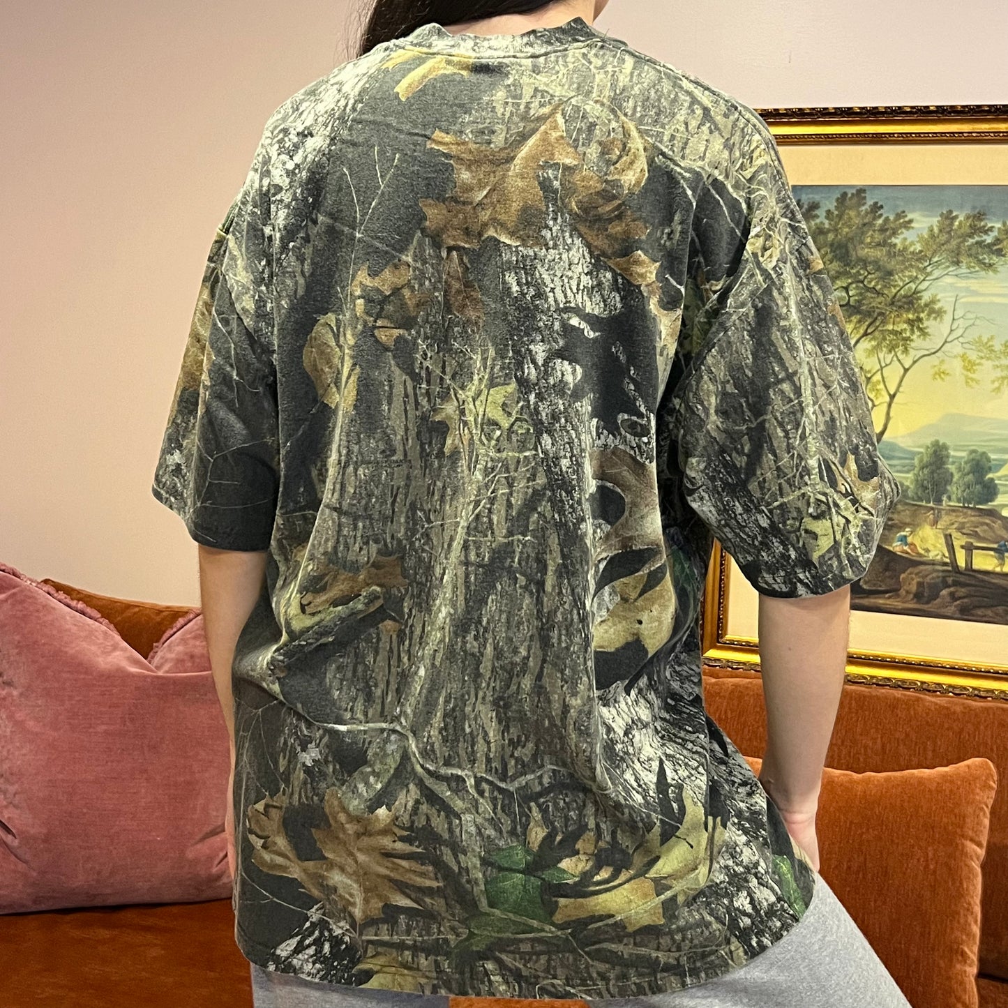 DUMP YOUR REPUBLICAN BOYFRIEND camo t-shirt with orange text (L)